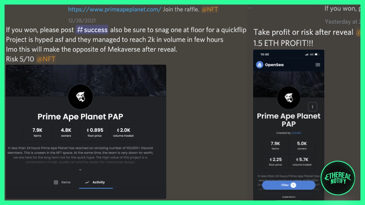 EtherealNFT_'s tweet image. As promised here is the next one :)
I think every group called the retail raffle, but did your group call to get one at floor for .8?
Meanwhile they reached 3ETH Floor means 2.2ETH Profit (8000€) 🥶
If you want to join us apply here:
etherealnotify.hyper.co/waitlist