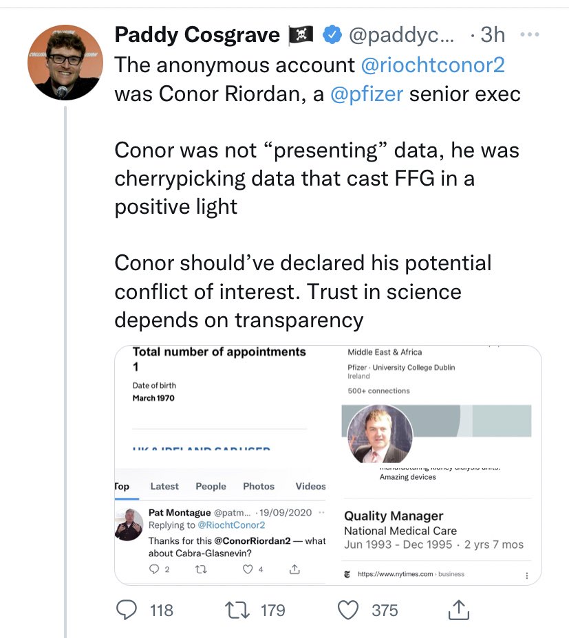 OwenCallan's tweet photo. Conor works for a pharma company which is producing the main vaccine being used to keep people safe and bring our societies back to normal

Paddy told people that 4 nurses died when in fact they hadn’t

Conor is being portrayed as the villain of todays Twitter conversation 🤷🏻‍♂️ https://t.co/XTx4MPAqjL