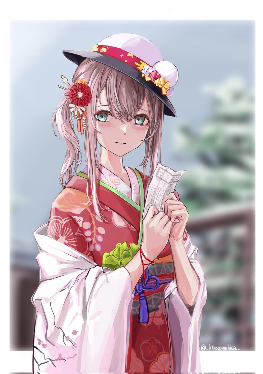 1girl japanese clothes kimono solo hair ornament hat looking at viewer  illustration images