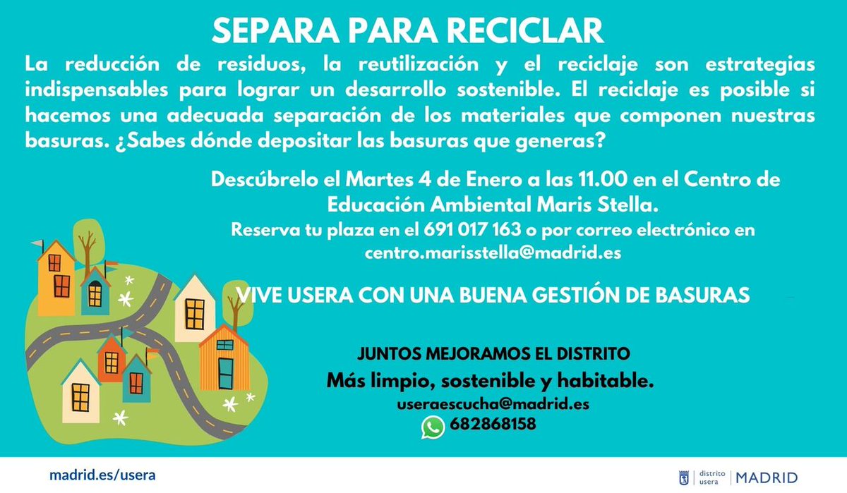 jmd_usera's tweet photo. 📌¿Sabes dónde depositar las basuras? Con el taller experimental 'Separa para reciclar' lo tendrás claro. Impartido por el equipo de #UseraEscucha. Para todos los públicos (menores acompañados).
#CACMarisStella. Martes, 4 de enero; 11:00 horas.
➡https://t.co/FuzxFLHfHg https://t.co/AaZa9p2fmg