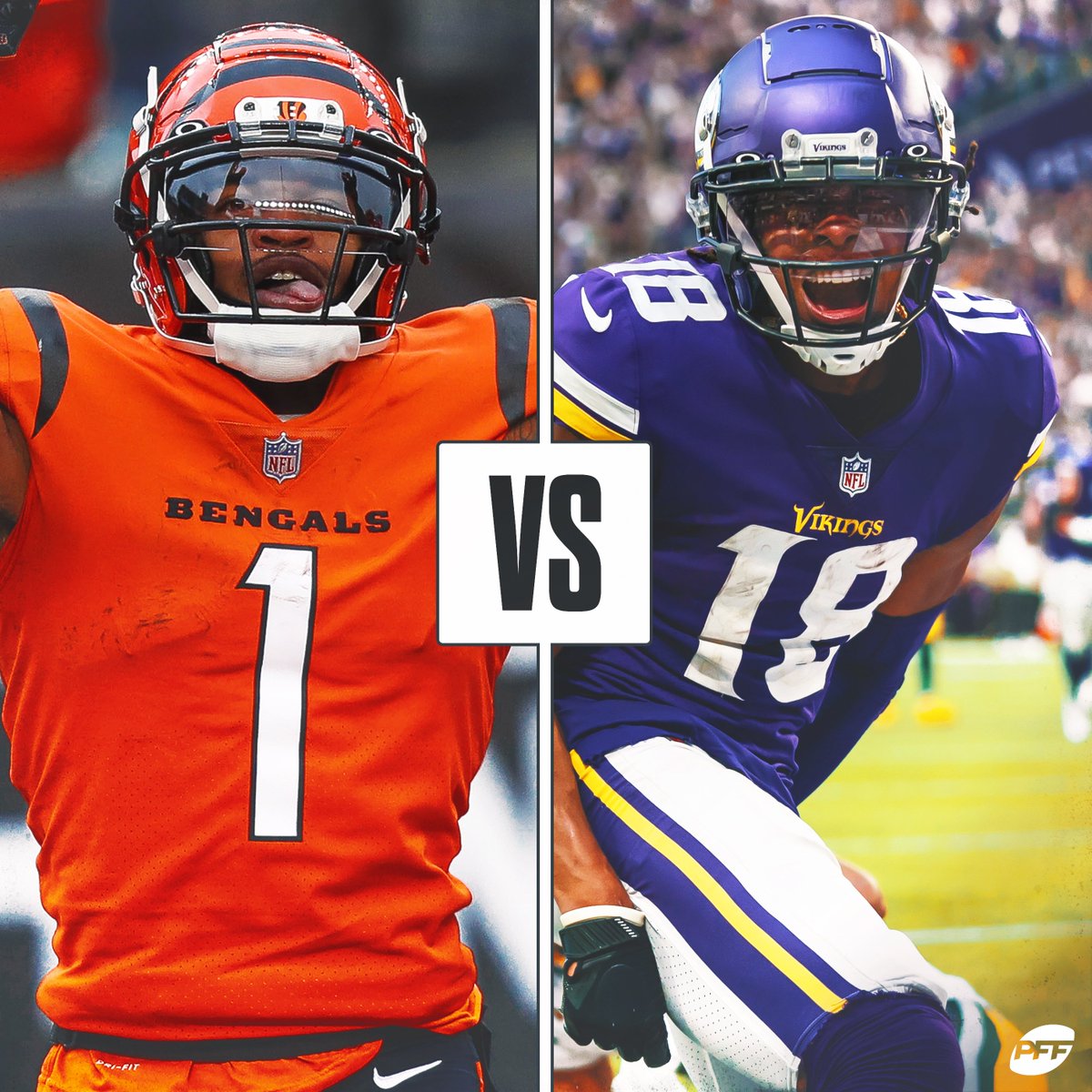 PFF_Fantasy's tweet photo. Which wide receiver would you rather have for the next 10 years?

❤️ for Justin Jefferson
🔁 for Ja'Marr Chase https://t.co/J5HDfdWujm
