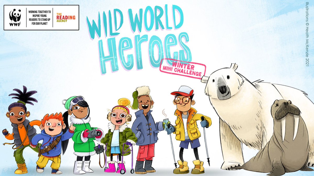 Illustration showing a line of children in winter outfits alongside a polar bear and walrus, with text reading ‘Wild World Heroes – Winter Mini Challenge’ 
