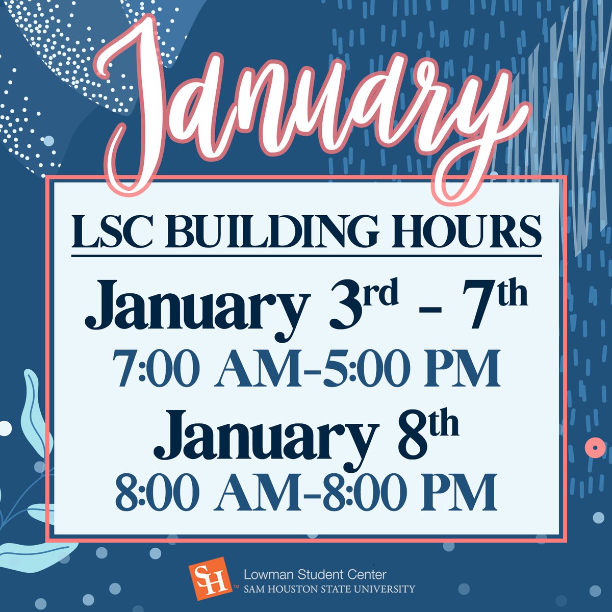 SHSULSC's tweet photo. Check out the LSC hours for the week! We are so excited to be back on campus.
#buildinghours @SHSULSC https://t.co/vP1WfMiqz2