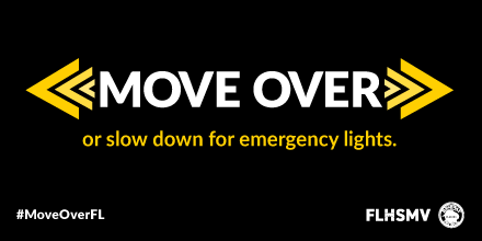 FLHSMV's tweet photo. This January, FLHSMV reminds motorists to Move Over for emergency and service vehicles stopped along a roadway.

Protect law enforcement, first responders &amp; other public servants as they provide critical services in a dangerous environment. #MoveOverFL

🚨 https://t.co/OQFqj8u0uU https://t.co/TDfzTQkPgi