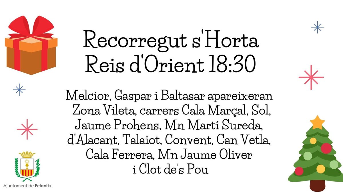 AjFelanitx's tweet photo. RECORREGUT REIS ORIENT S'HORTA
📍Ús mascareta
📍Manteniu distància
📍Evitau aglomeracions
📍Esperau els Reis a un lloc pròxim a casa vostra.
#NitReis #NitMagica #Melcior #Gaspar #Baltasar #5gener https://t.co/QEK8NkgIUC