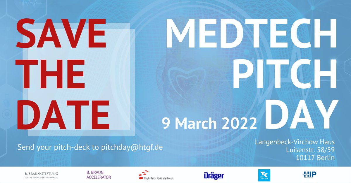 📢Noch bis zum 31. Januar 2022 können #healthcare #Startups ihre klugen Ideen für den nächsten #MedTech Pitch Day einreichen. Mehr Infos zum Event von <a href="/HTGF/">HTGF</a>, @bbraun_de, <a href="/DraegerNews/">Dräger</a>, <a href="/HIP_Hamburg/">Health Innovation Port</a> &amp; TK: htgf.de/de/events/htgf…