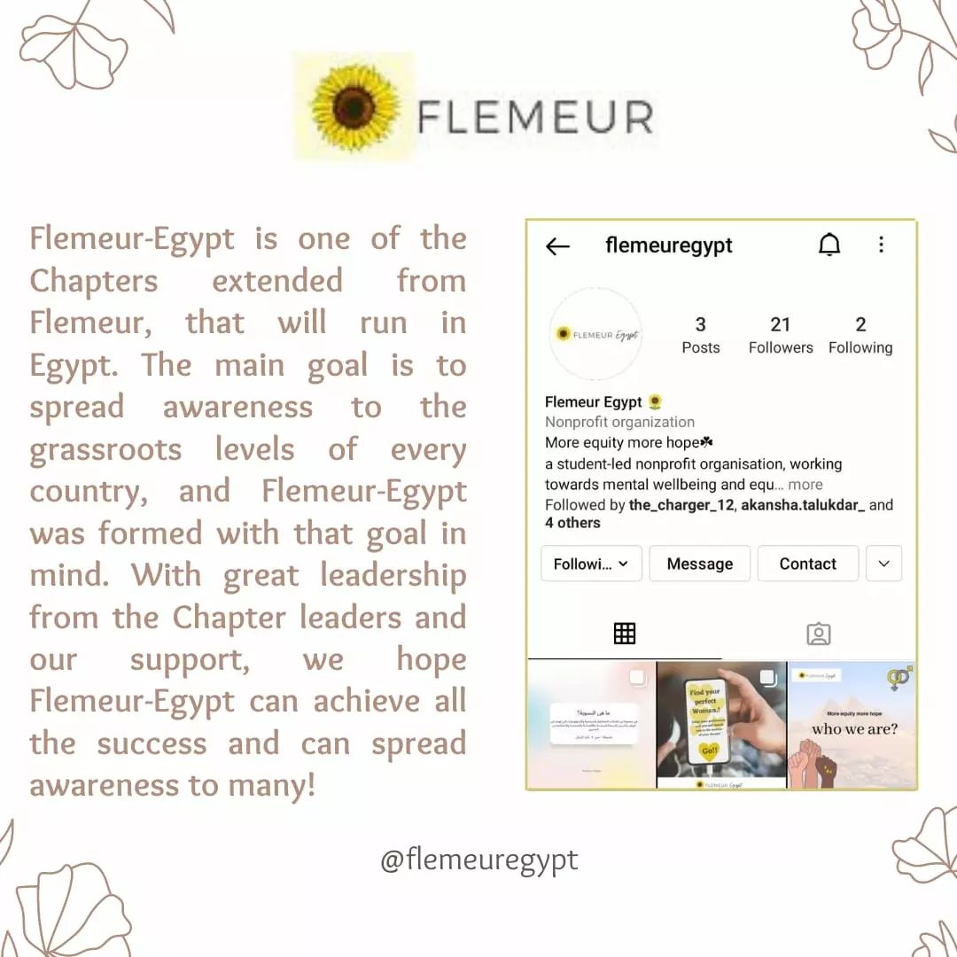 FlemeurW's tweet photo. Meet the new chapter of Flemeur, Flemeur-Egypt and the Chapter leaders who are on their way to create a new path for advocacy in Egypt! Team Flemeur-Egypt is working constantly to create the best content that can spread awareness on our ideals: mental wellbeing and equality https://t.co/5pMJtayIWG