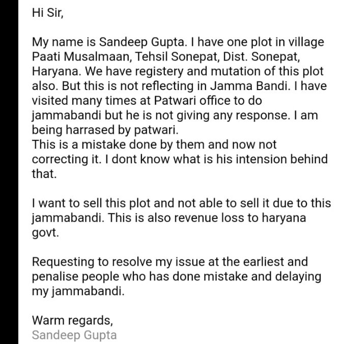 Sandeep80288430's tweet photo. @cmohry @mlkhattar @SonipatDc Resp Sir, I have a plot in sonipat (patti musalman) village.I have registry and mutation also. But due to some error from patwari office jamabandi is pending. Local patwari is not helping, vistd many times his off.kindly help https://t.co/UjiNWpomp1