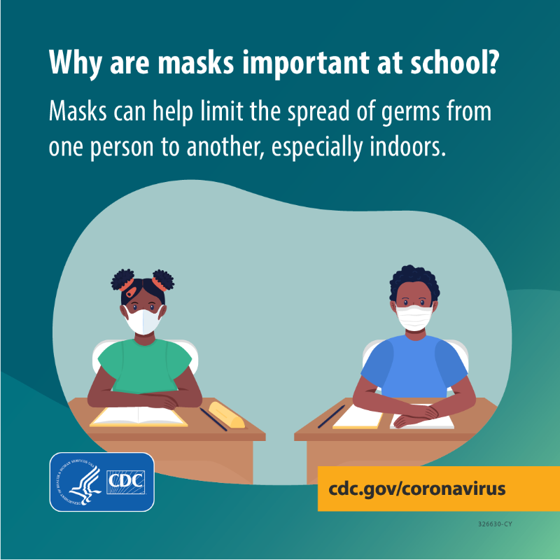 CDCgov's tweet photo. #Parents: #CDC recommends schools require everyone ages 2 years &amp; older wear a mask whether they are vaccinated or not. Encourage your child to keep wearing a mask to school to help slow the spread of #COVID19. For more on this &amp; other topics: https://t.co/lBbMr0hQTg.