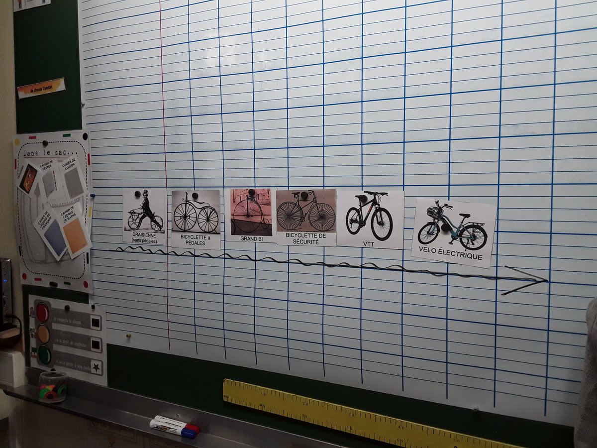 ce_Beruges's tweet photo. Nous avons classé les vélos du plus ancien au plus récent. Le premier vélo s'appelle la draisienne. Le dernier est le vélo électrique. Noan Charlie https://t.co/FO7GWkZnmg