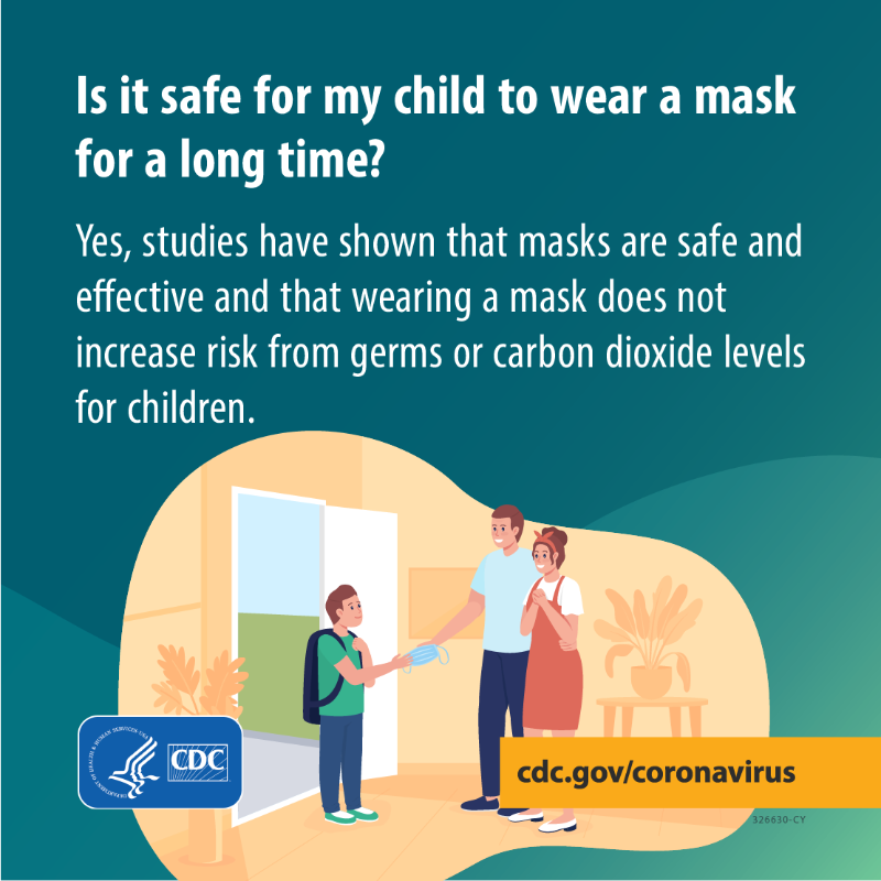CDCgov's tweet photo. #Parents: #CDC recommends schools require everyone ages 2 years &amp; older wear a mask whether they are vaccinated or not. Encourage your child to keep wearing a mask to school to help slow the spread of #COVID19. For more on this &amp; other topics: https://t.co/lBbMr0hQTg.