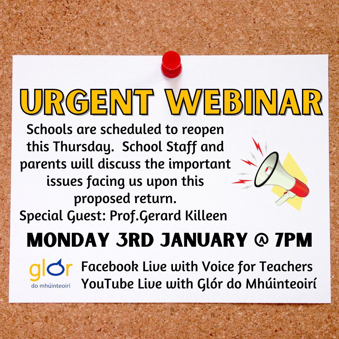glorteachers's tweet photo. (1/2) Daily cases of Covid-19 are now averaging at over 20,000.  Schools are scheduled to reopen this Thursday, without adequate mitigations. @VoiceForTeacher will host a webinar today at 7pm.  No Facebook account required. #EdChatIE https://t.co/o0DNADAEPS
