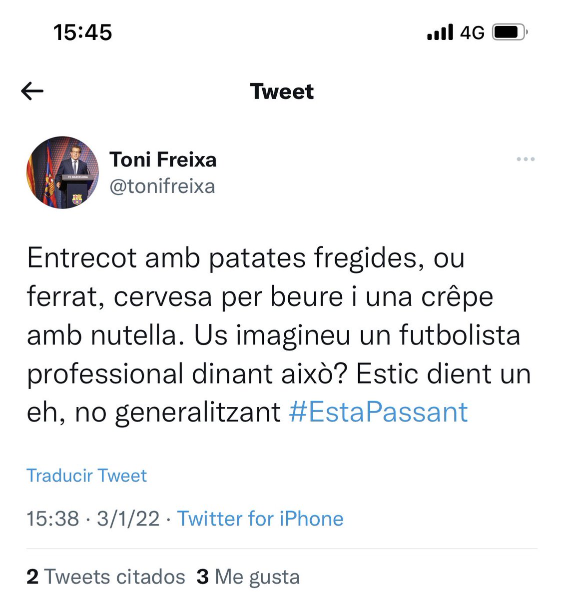 T’has equivocat amb l’entrecot.. era botifarra. La resta tot ok! I ara em faré un gintonic a la teva salut! Ja pots anar borrant els tweets, pocavergonya.
