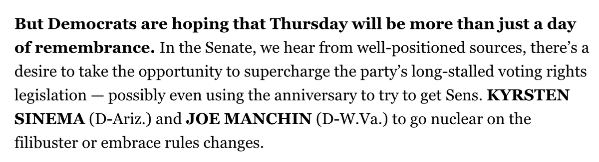 Democrats don't give two damns about January 6. They care about exploiting January 6 in order to push forward an agenda to kill the filibuster and mandate corruption-ridden voting practices nationwide. This, from Politico, is the whole ballgame.