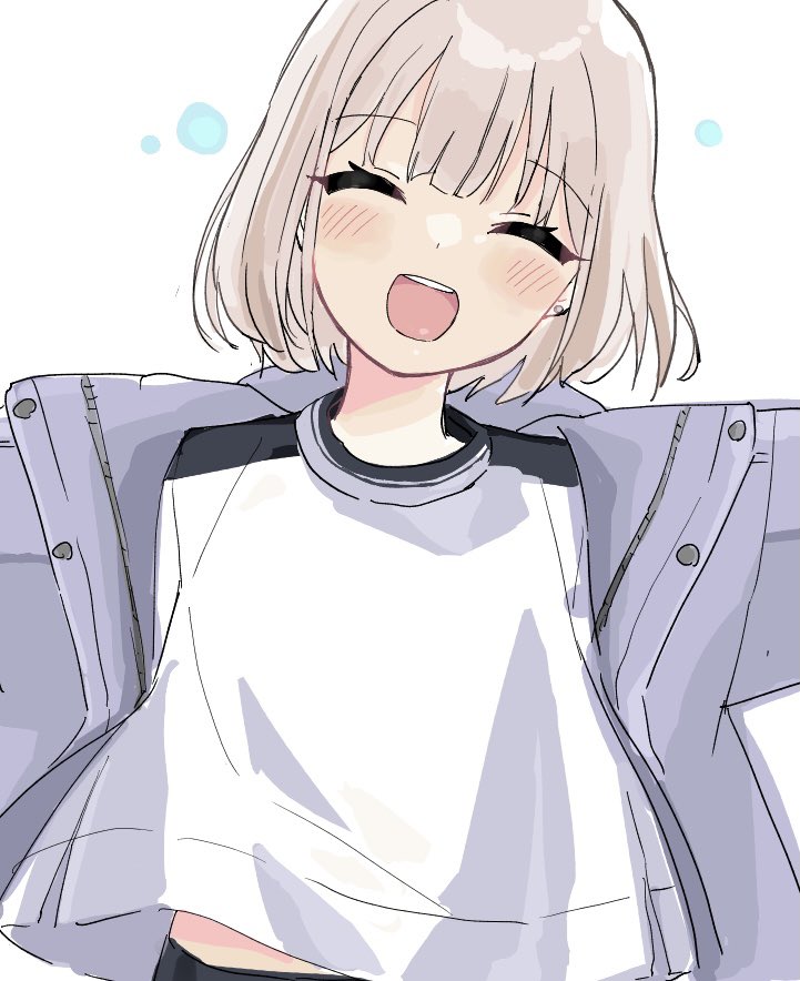 serizawa asahi 1girl solo closed eyes jacket white background shirt smile  illustration images