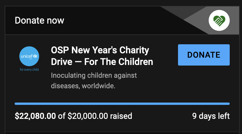 OSPyoutube's tweet photo. By our powers combined, the OSP Community has raised a collective $32,000 for @UNICEF.
Thank you thank you thank you to everybody who joined the stream, everyone who donated, and all of our magnificent guests who kept us sane for that whole 8 hours.
https://t.co/FzOhg1Gx5T
-B https://t.co/F3Xo65zUHG
