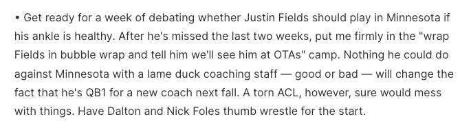 KevinKaduk's tweet photo. Might as well get ahead of this week's debate on whether or not Justin Fields should play in Minnesota. #Bears https://t.co/OifLsF20lh