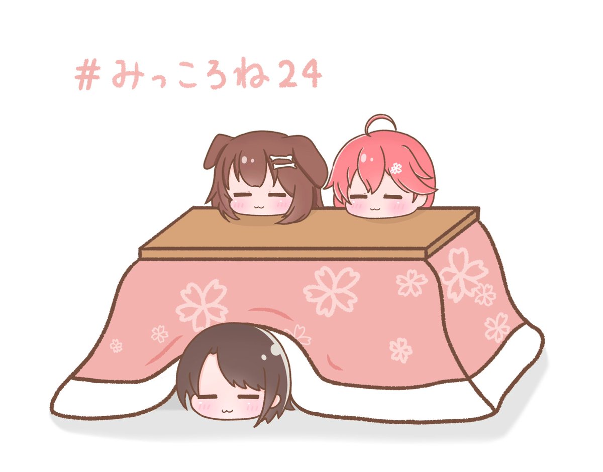 inugami korone ,oozora subaru ,sakura miko multiple girls 3girls animal ears pink hair ahoge kotatsu brown hair  illustration images