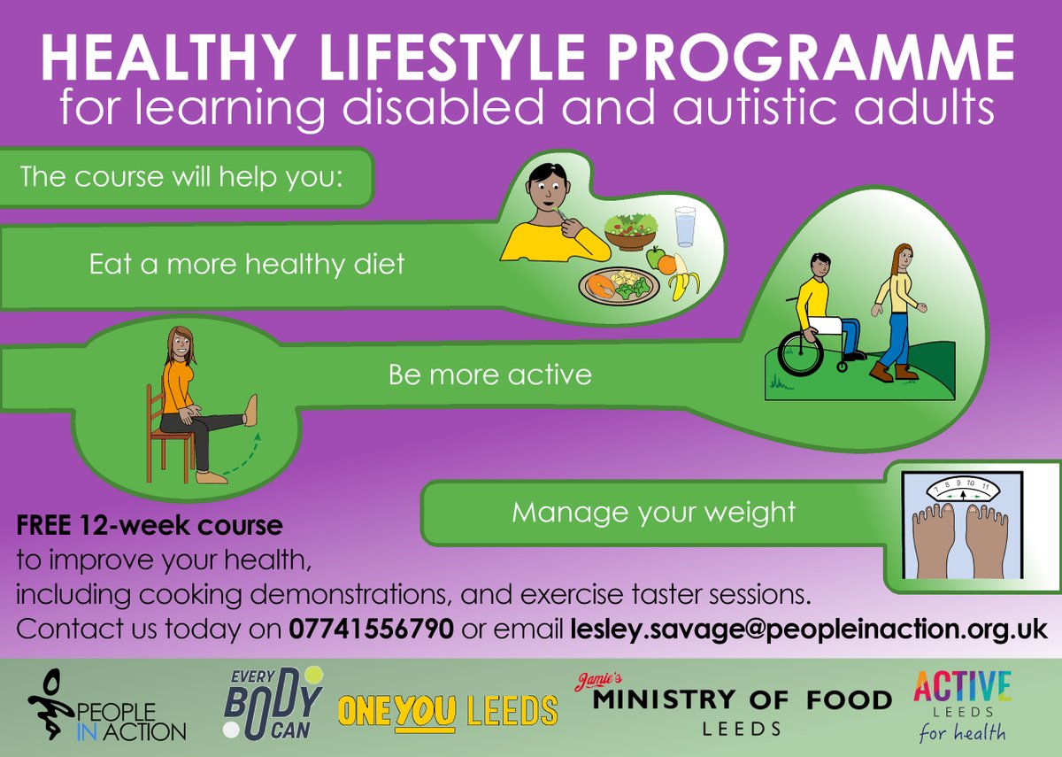 Is your resolution to take care of your health and manage your weight?
With @OneYouLeeds & @EverybodyCanLds we're running a FREE, accessible Healthy Lifestyle programme for autistic and learning disabled people.
Contact Lesley on 07741556790 or lesley.savage@peopleinaction.org.uk