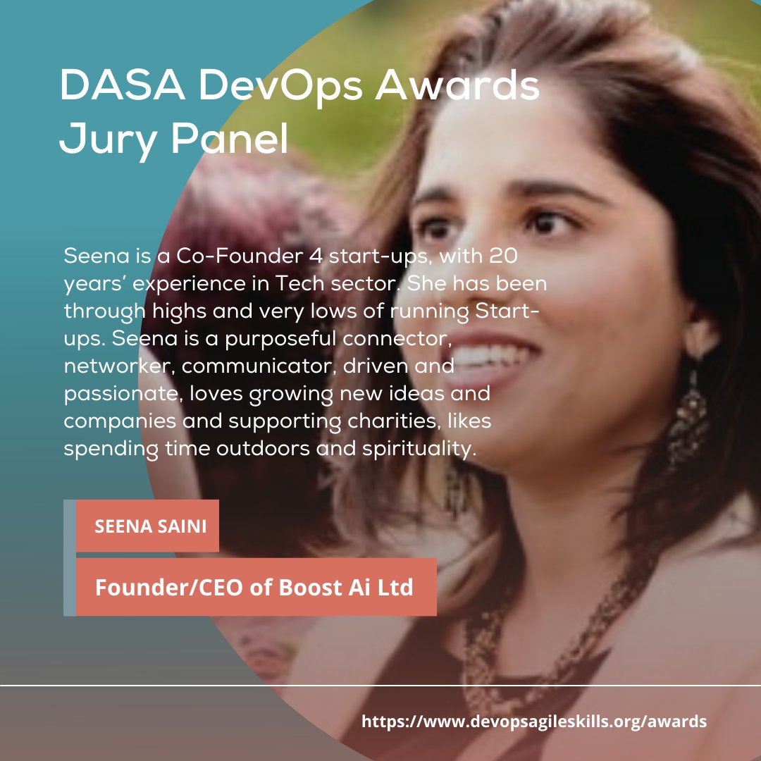 dasa_org's tweet photo. We are thrilled to present you our DASA DevOps Awards Jury Panel!
Seena Saini is a Co-Founder 4 start-ups, with 20 yearsโ experience in the Tech sector. She has been through highs and very lows of running Start-ups.
https://t.co/bOYEj6Cvbq
#DevOpsAwards #Jurypanel #DASA https://t.co/cQLFOniJeO