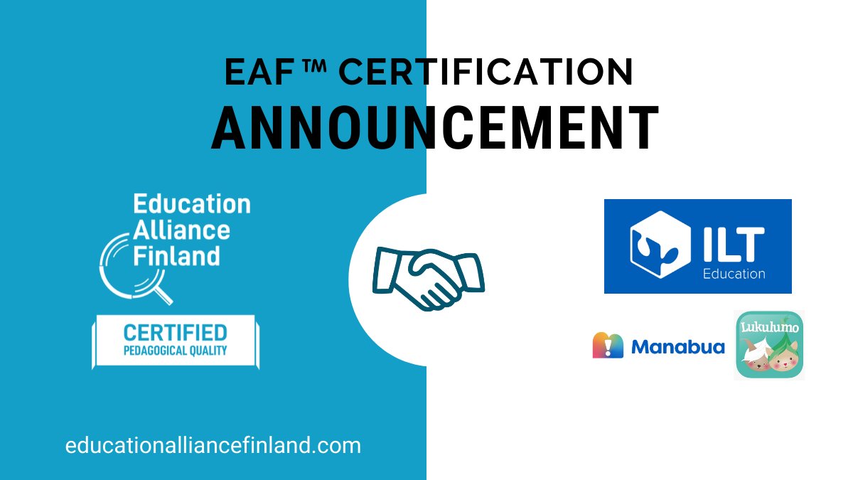 Lukulumo - a multilingual e-book library for schools 👉bit.ly/3qxzTTg  &amp; Manabua - an educational video platform 👉bit.ly/3ewRbdU are now certified for educational quality by EAF! Congrats to ILT Education✨#edtech #edutwitter #education #teacher