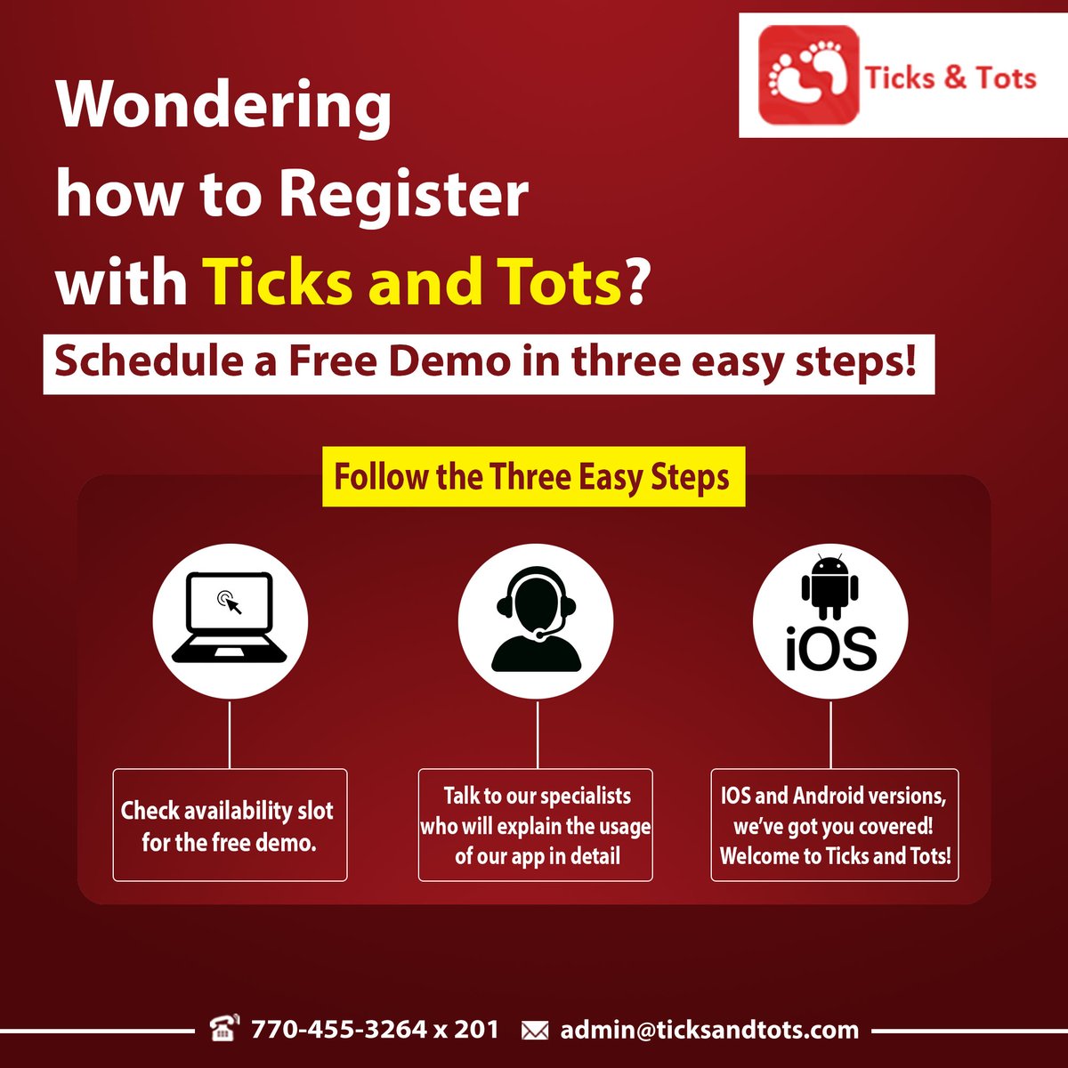 Get easy access to Ticks and Tots with three easy steps, Register with us and schedule a free demo with our specialists.

Register at:
ticksandtots.com/register/
.
#TicksandTots #Software #ParentTeacherSoftware #App #DayCare #PreSchool #AttendenceManagement #Activities #Kindergarten