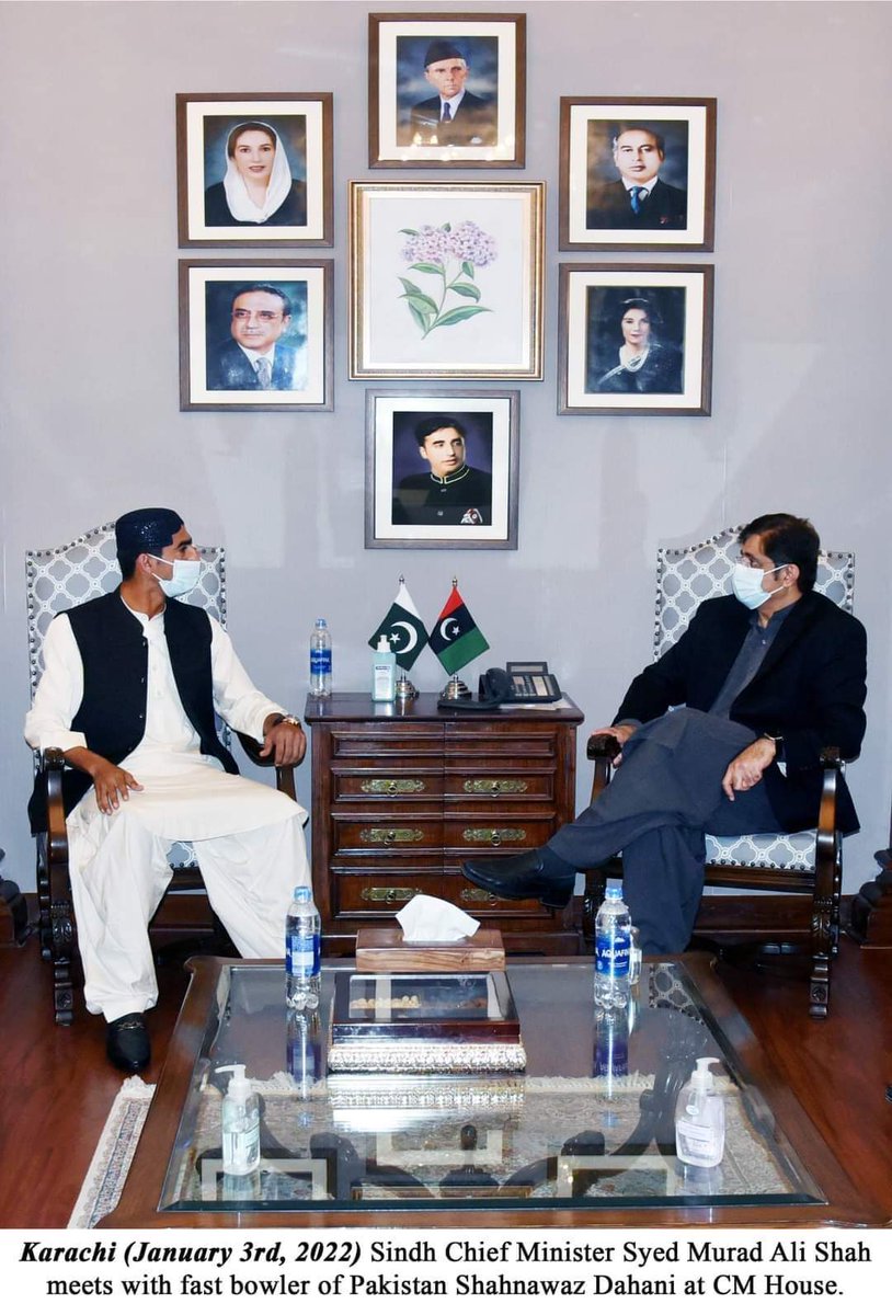 EkLizman's tweet photo. Karachi (January 3rd, 2022) Sindh Chief Minister Syed Murad Ali Shah meets with fast bowler of Pakistan Shahnawaz Dahani at CM House. https://t.co/8nuA8fdqty