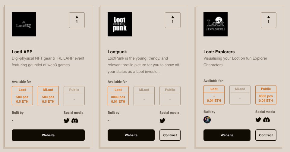 lootwatcher_'s tweet photo. Listed 3 new projects ⚔️
@lootlarp 
@Lootpunkproject 
@LootExplorers 

You can vote now at 👇
https://t.co/pXpNgdCuT5
Check other cool projects too! https://t.co/lvV4lGZxsP