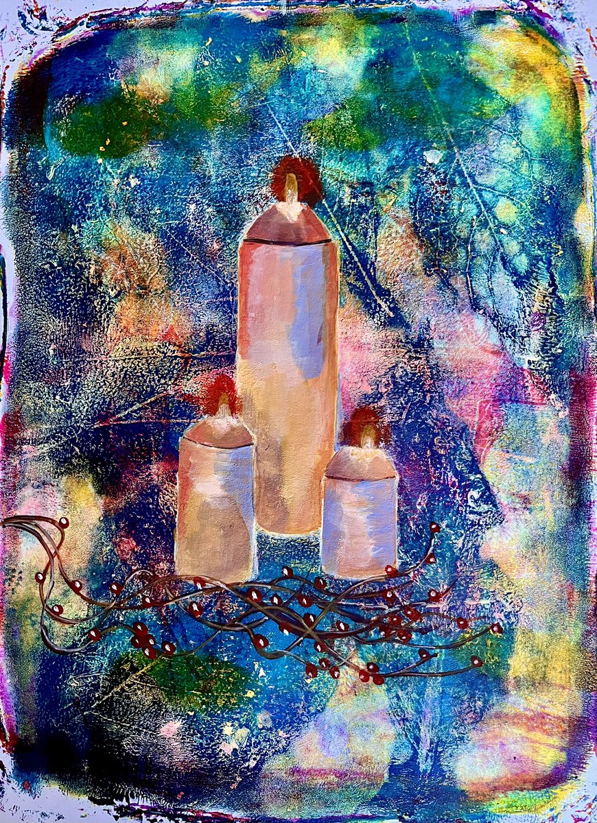 Gel plate print with acrylics and acrylic painting .
Happy New Year .#gelplate #gelplates #gelplateprinting #gelatinplate #gelpress #gelliplate #monoprint #monoprinting #candles #gelprint #candle #hope #happynewyear #papertwists