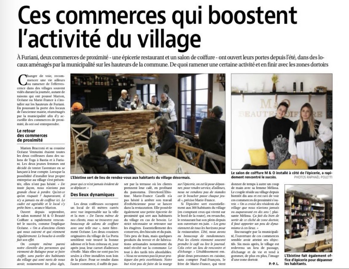 Point central de notre programme de mandature pour le Village, l’ouverture de ces commerces concrétise notre attachement et notre vision pour Furiani.
Epicerie, café- restaurant, salon de coiffure et Miellerie, pour recréer du lien social et de la vie dans le centre historique.