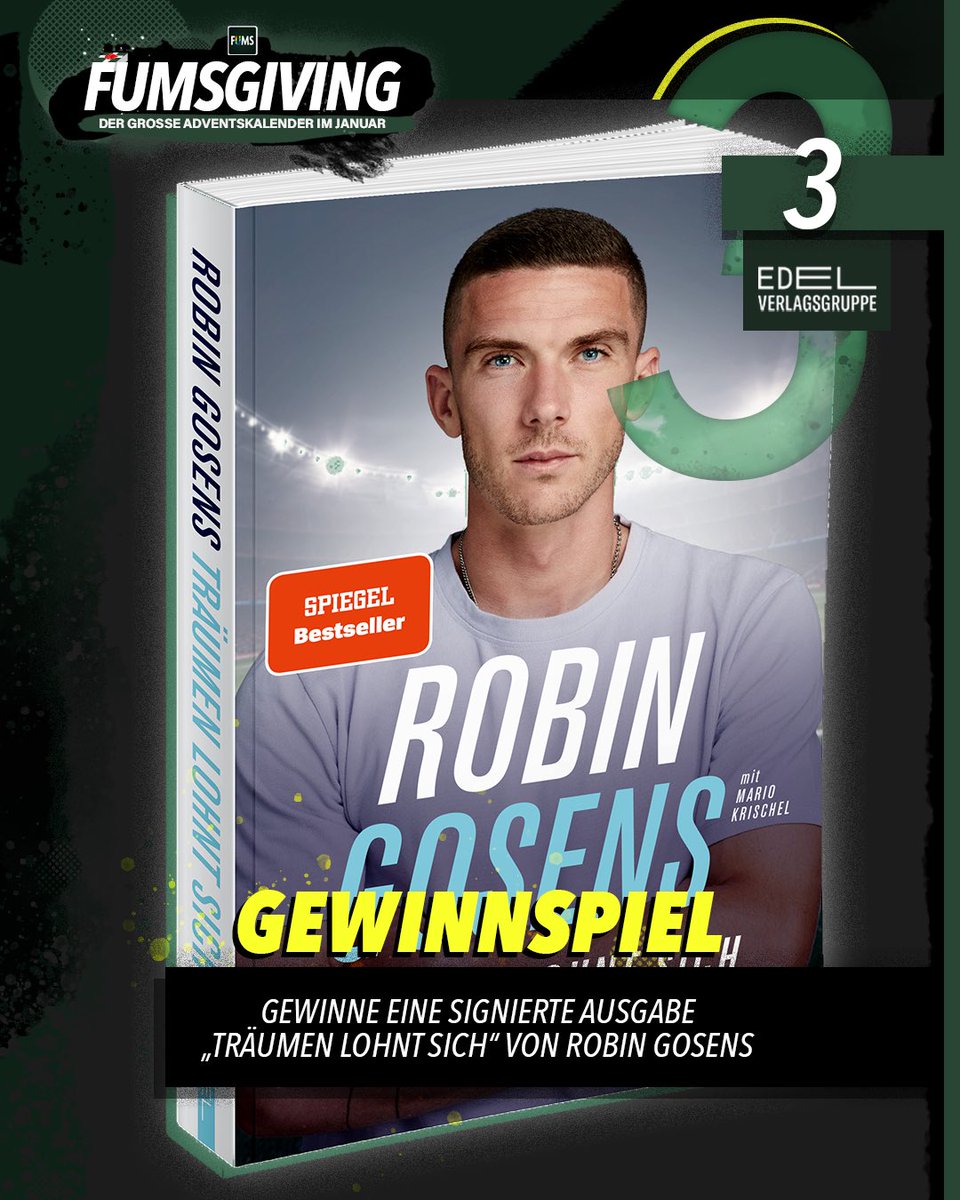 fums_magazin's tweet photo. Anzeige I GEWINNSPIEL 🚨

Das 3. #FUMSGIVING-Türchen iz da 🎁 Diesmal verlosen wir zusammen mit @EdelBooks eine von Robin #Gosens signierte Auflage von „Träumen lohnt sich“ 📕 

Alles, was ihr machen müsst: 
• Beitrag liken &amp; retweeten
• @fums_magazin folgen ✅ (1/2) https://t.co/P50msQY4F7