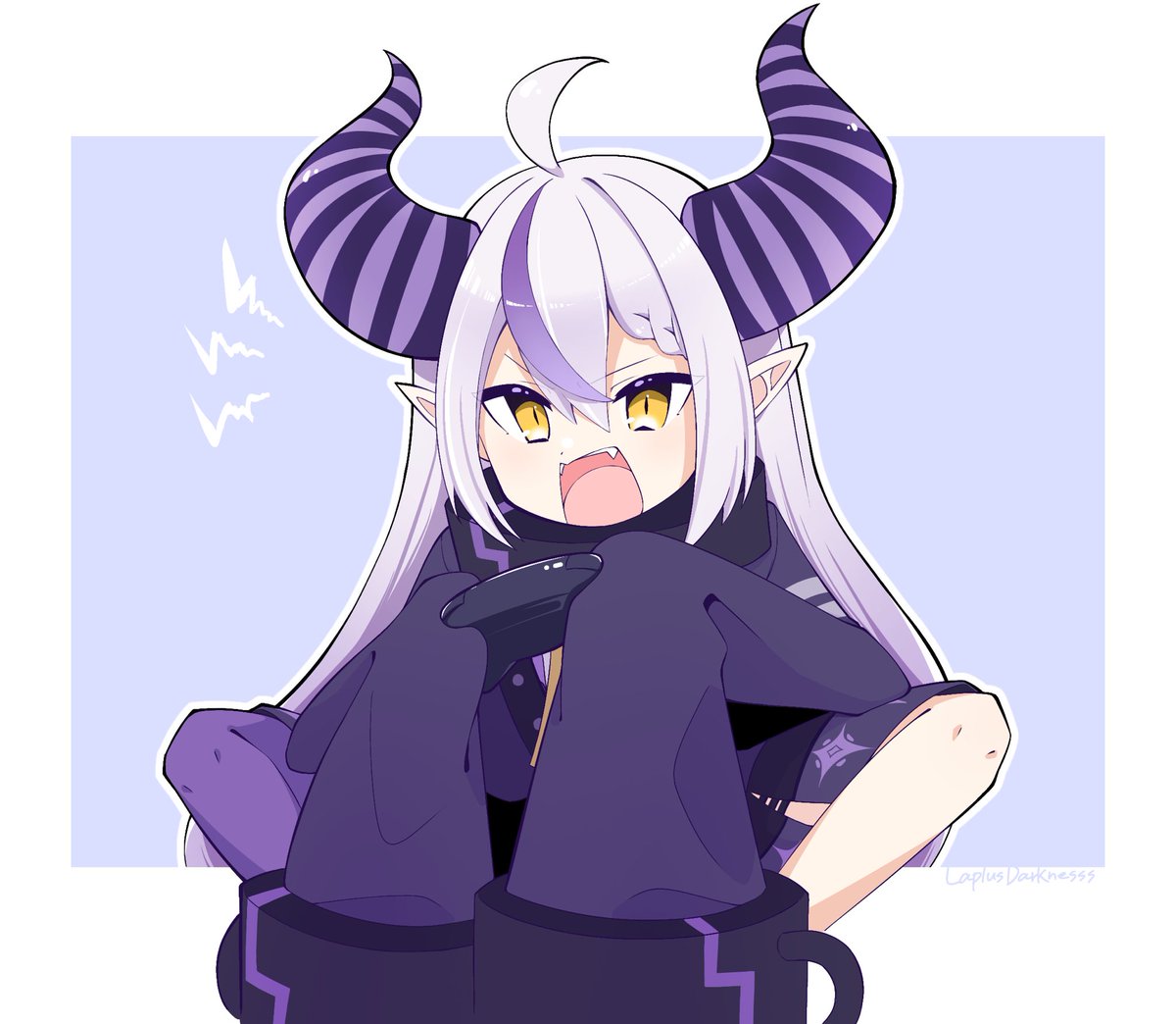 la+ darknesss 1girl horns solo pointy ears purple hair ahoge sleeves past fingers  illustration images