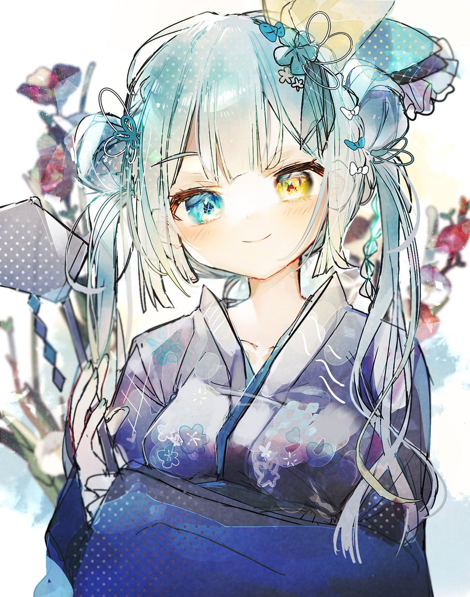 1girl solo heterochromia kimono japanese clothes smile hair ornament  illustration images