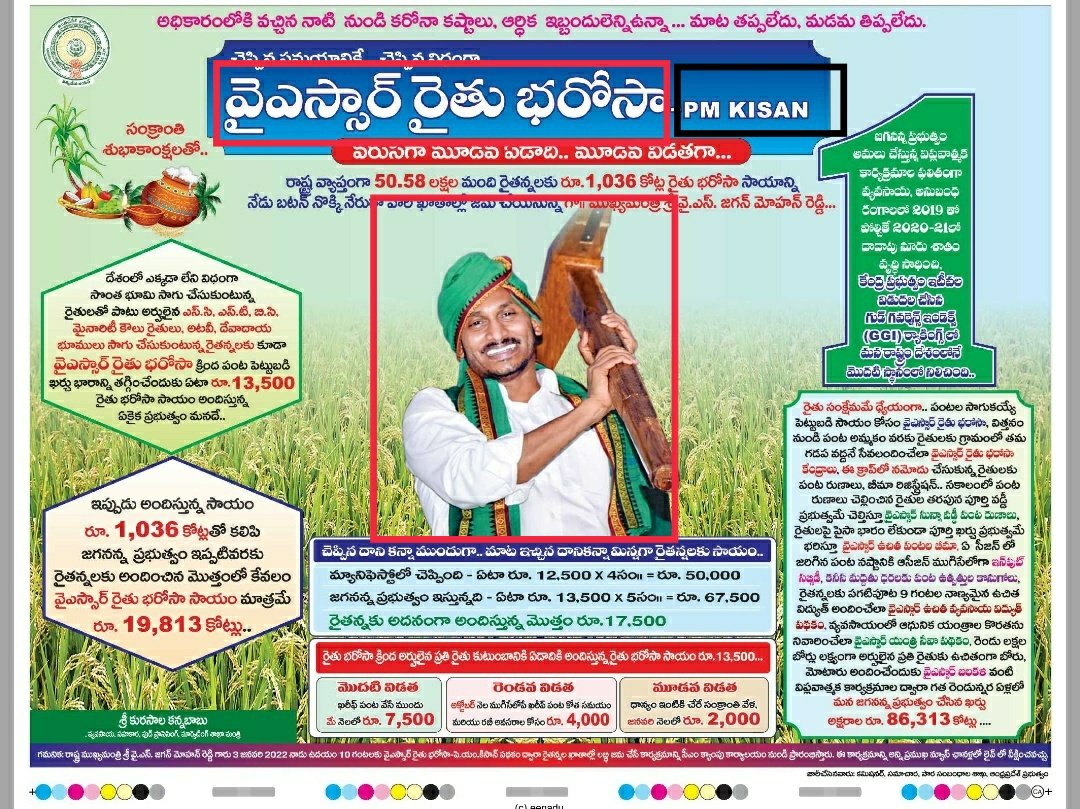 bolisetti_satya's tweet photo. వైఎస్సార్ రైతు భరోసా ₹12000 అని రాష్ట్రం ఇస్తున్నది ₹7500!

కేంద్రం ఇస్తున్న పిఎం కిసాన్ ₹6000తో కలిపి ₹18000 కానీ ₹13500 ఇస్తూ బూటకపు అడ్వర్టైజ్మెంట్!

ముఖ్యమంత్రి ���ెద్దబొమ్మ పెద్దఅక్షరాలతో వైఎస్ఆర్ రైతు భరోసా.. కనబడకుండా చిన్నగా ఇంగ్లీషులో PM KISAN!! 

ఏంటీ మోసం.. జగనన్నా? https://t.co/YU4vgD6cr5