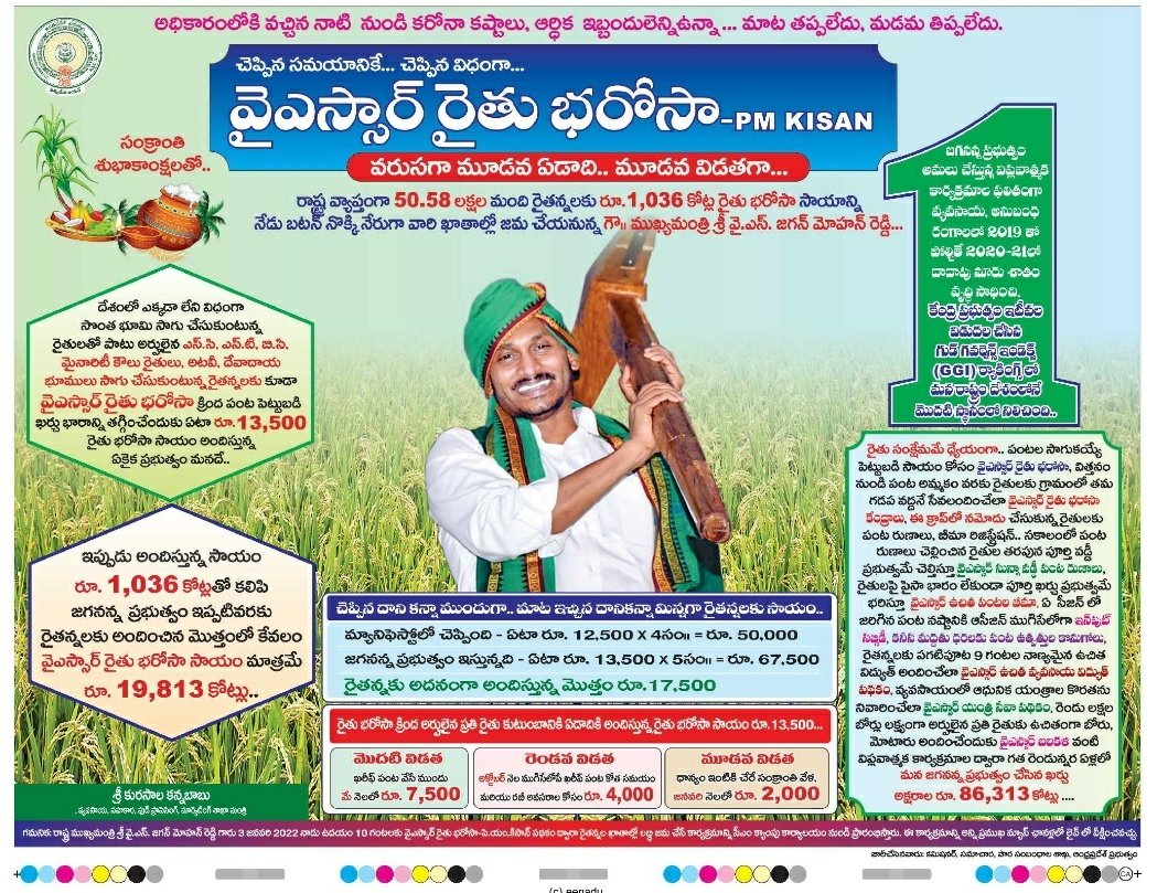 bolisetti_satya's tweet photo. వైఎస్సార్ రైతు భరోసా ₹12000 అని రాష్ట్రం ఇస్తున్నది ₹7500!

కేంద్రం ఇస్తున్న పిఎం కిసాన్ ₹6000తో కలిపి ₹18000 కానీ ₹13500 ఇస్తూ బూటకపు అడ్వర్టైజ్మెంట్!

ముఖ్యమంత్రి ���ెద్దబొమ్మ పెద్దఅక్షరాలతో వైఎస్ఆర్ రైతు భరోసా.. కనబడకుండా చిన్నగా ఇంగ్లీషులో PM KISAN!! 

ఏంటీ మోసం.. జగనన్నా? https://t.co/YU4vgD6cr5