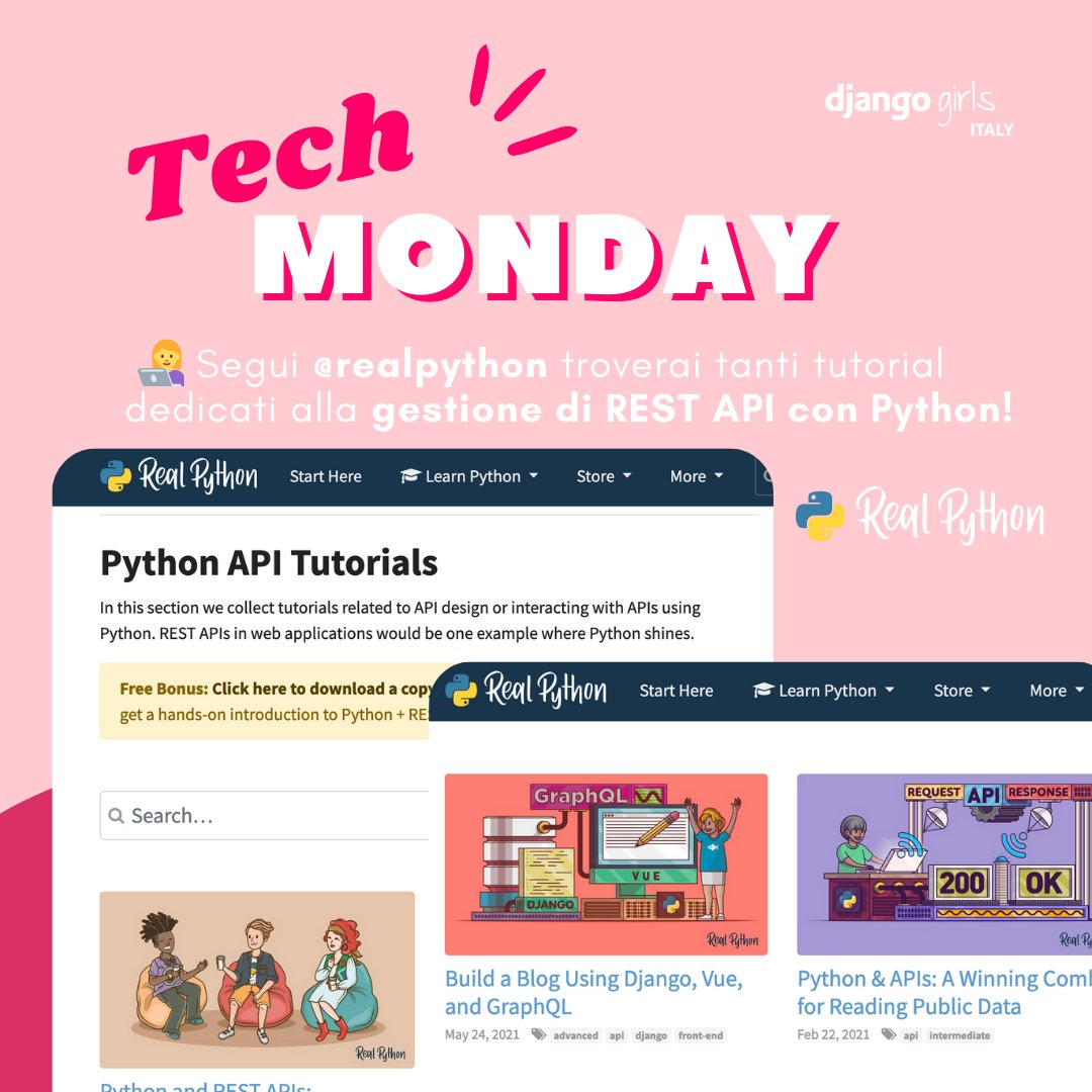 djangogirlsIT's tweet photo. 👩‍💻 Sai che #Python è un ottimo linguaggio di programmazione per sviluppare #RESTAPI? ✨ Per saperne di più, su @realpython puoi trovare guide e tutorial su come strutturare e gestire una API usando Python 🤓👇
🔗 https://t.co/Q5cp3SF01L

#techmonday #techskils #pythonprogramming https://t.co/AKUMdMxV2c