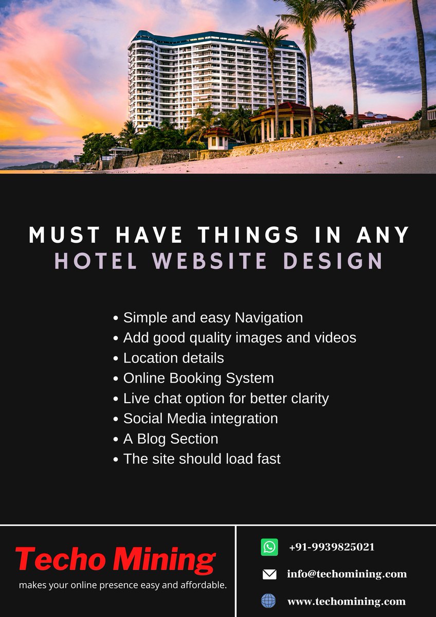 TechoMining's tweet photo. Must have things in any Hotel Website Design:

-> Simple and easy navigation
-> Add good quality images and videos
-> Location details
-> Online booking system
-> Live chat option for better clarity
-> Social media integration
-> A blog section

#hotels #hotel #travel #hotellife https://t.co/lKlxwpCAR9