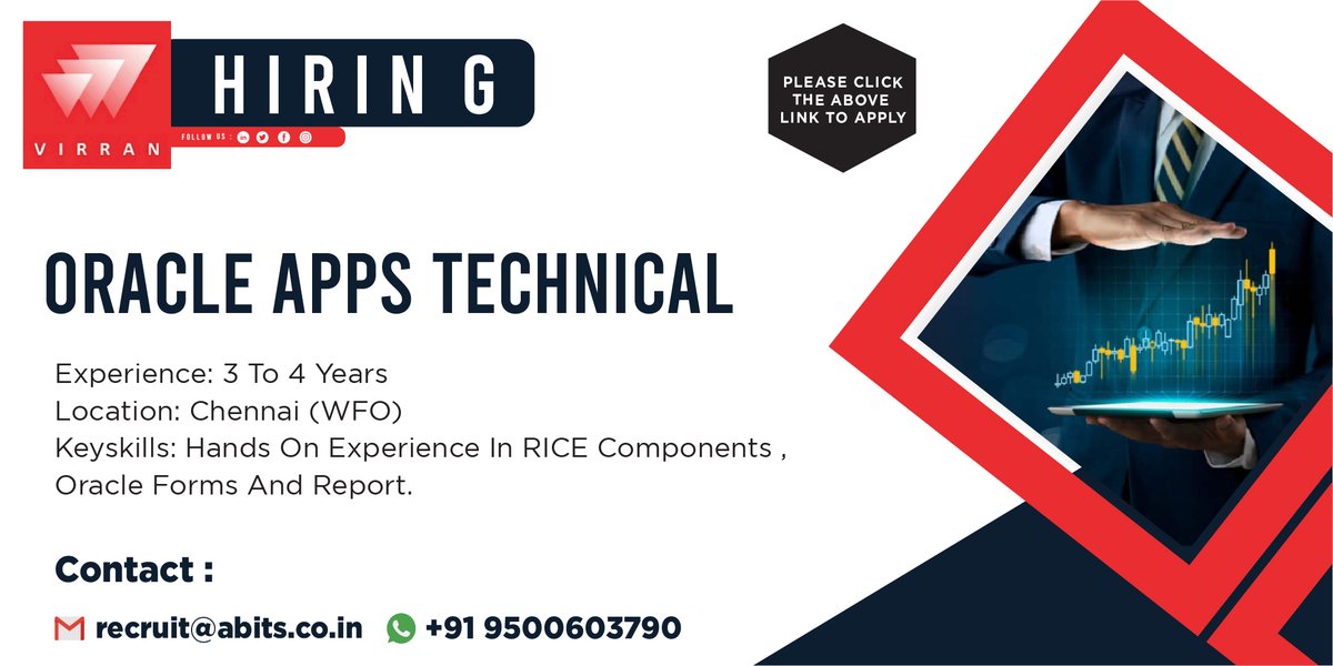 virrantech's tweet image. Hiring Oracle Apps Technical
Experience: 3 To 4 Years
Location: Chennai (WFO)
Keyskills: Hands-On Experience In RICE Components, Oracle Forms And Report.
Links: zcu.io/dMmY
#ssgroup #VirranTechSolutions #OracleAppsTechnical #ChennaiJobs #RICE #RICEComponents