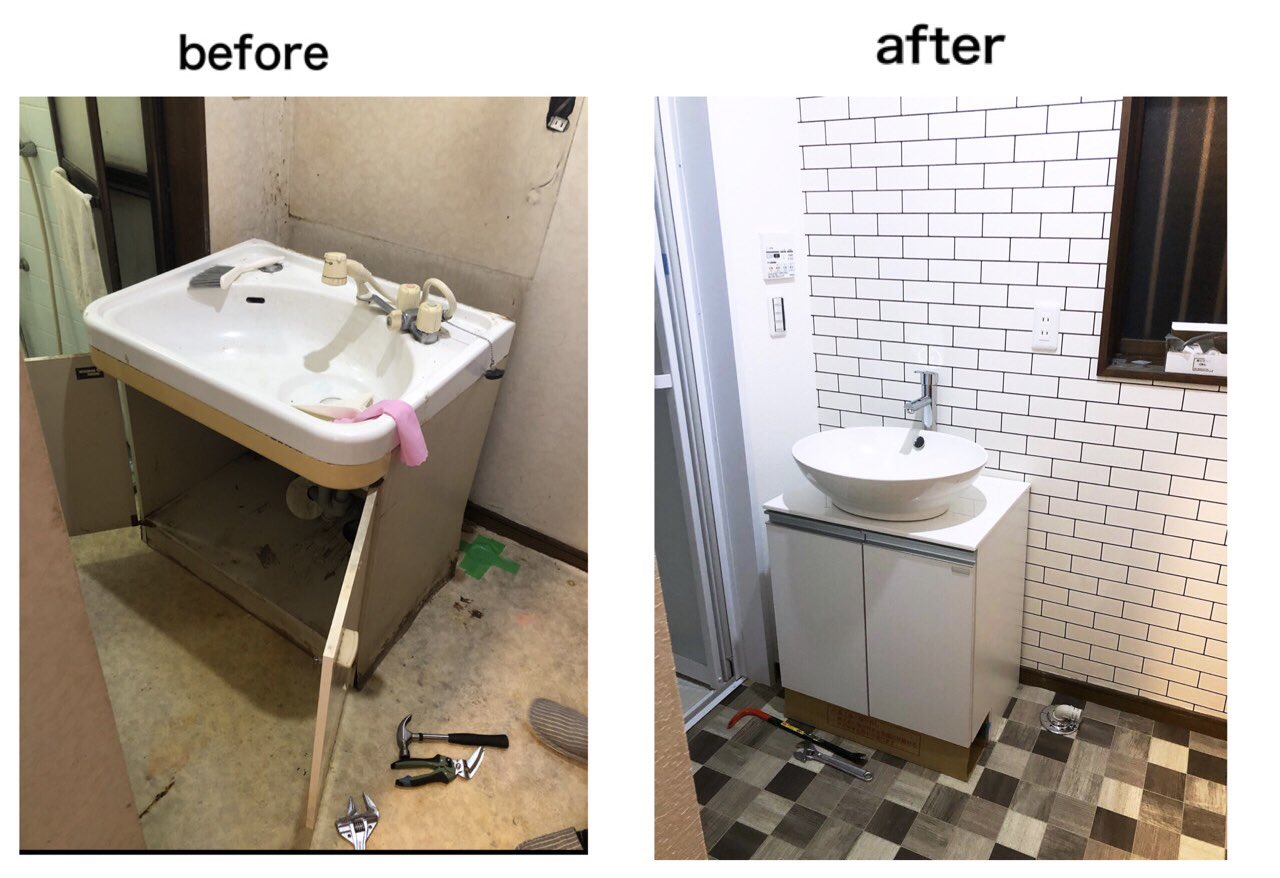 ナミ 築古diy 洗面所良い感じに出来ました モノトーンの壁紙もイメージ通りだし 狭い空間を活かす為に小さめの洗面台にしたのも正解でした T Co hgnxbug3 Twitter