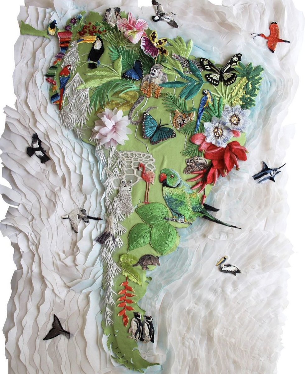 LondonEmbSchool's tweet photo. These gorgeous embroidered maps are by Embroidery and Mixed-Media Artist Karen Nicol.  This map explores motifs and animals found in South America. 

#karennicol #textileart #irishembroidery

https://t.co/QjcDTeGtvm https://t.co/NNLKtzgiJu