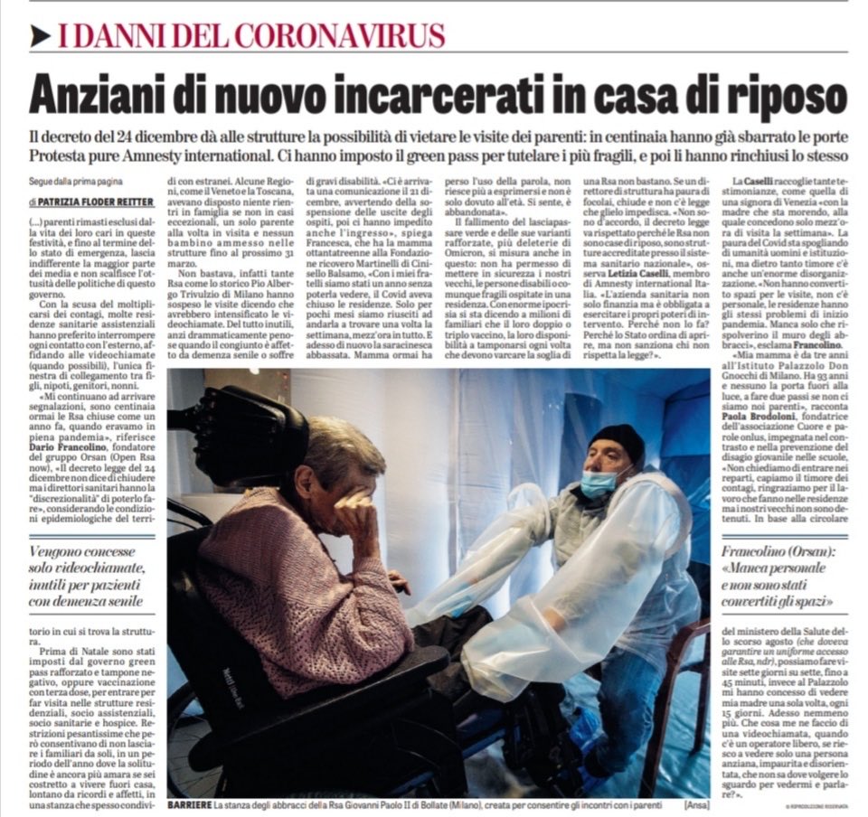 Il nuovo decreto del  Governo dà la possibilità alle strutture  RSA di vietare le visite ai parenti. Hanno imposto il Green Pass per tutelare i più fragili e poi li hanno comunque segregati.