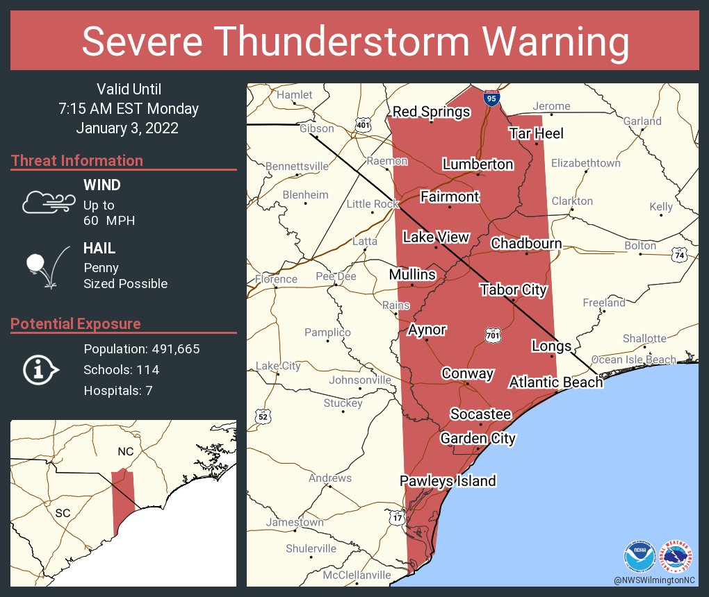 NWSSevereTstorm's tweet photo. Severe Thunderstorm Warning continues for Lumberton NC, Socastee SC, Conway SC until 7:15 AM EST https://t.co/Hc7rihVOK2