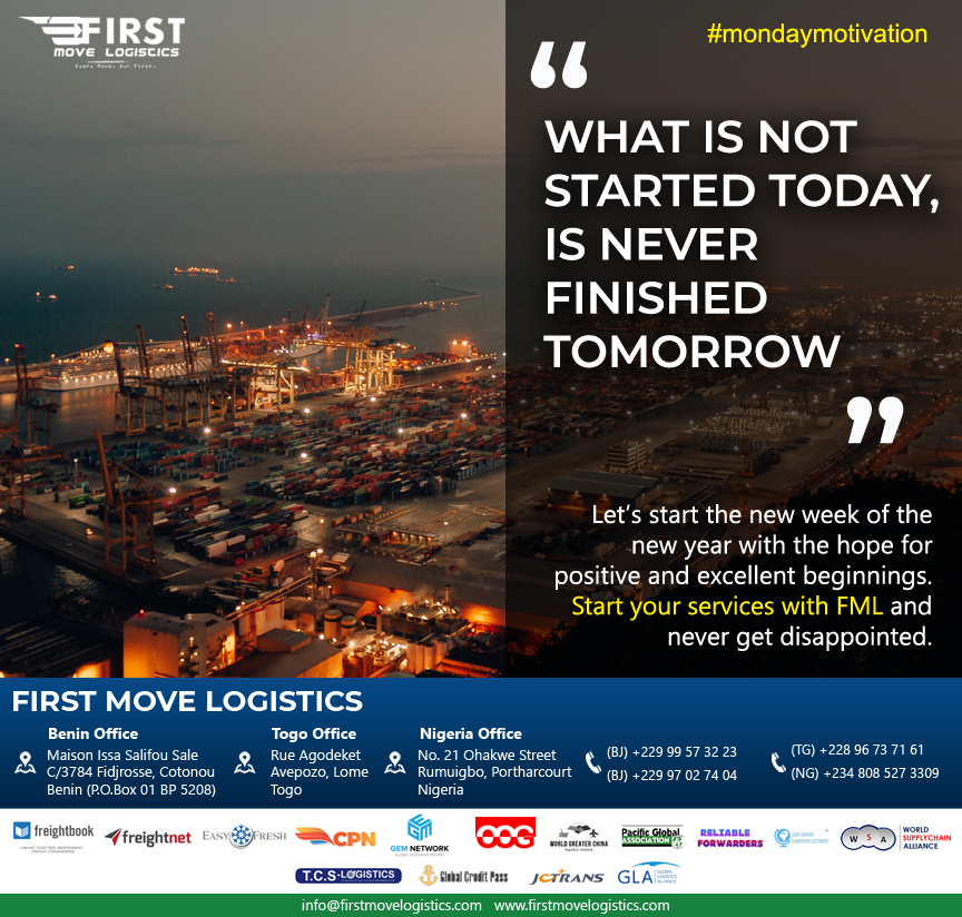 FirstMoveLog's tweet photo. “What is not started today, is never finished tomorrow”

Let’s start the new week of the new year with the hope for positive and excellent beginnings. Start your services with FML and never get disappointed.

#mondaymotivation

#freightforwarder #freightforwarding #freight #nvocc https://t.co/4b6LWMGyU4