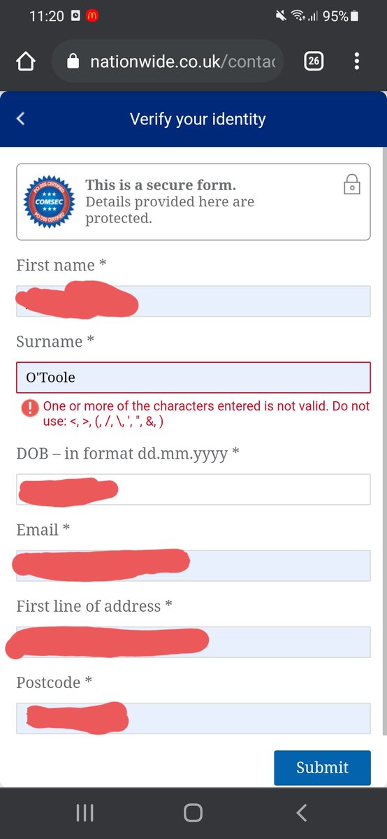 Jimfiddles's tweet photo. @AskNationwide why does your security form tell me the correct spelling of my last name isn't valid? I have been having trouble receiving payments. Could this be the reason? https://t.co/FOKTtqgyzX