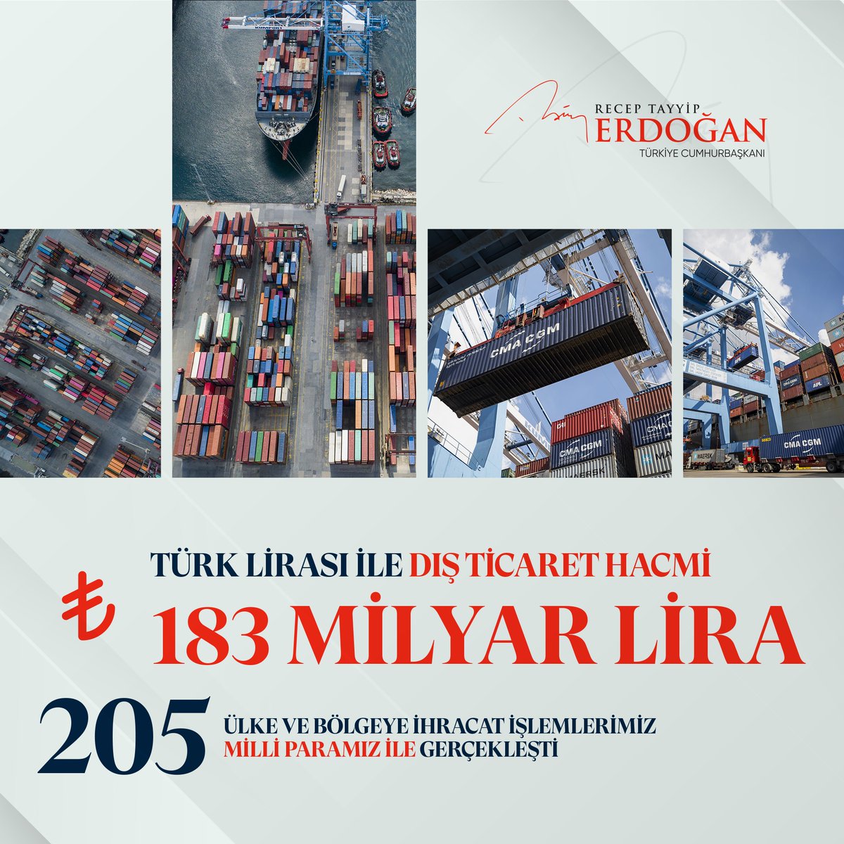 2021 yılı itibarıyla 205 ülke ve bölgeye ihracat işlemlerimizi millî paramız ile gerçekleştirdik.

Türk Lirası ile yaptığımız dış ticaret hacmi 183 milyar liraya ulaştı.
