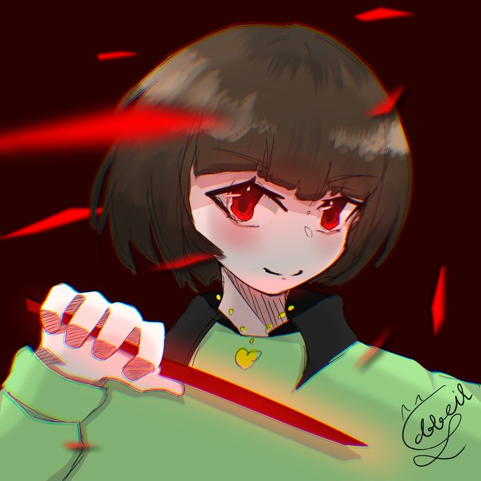 トビのゆっくり解説 Undertale No Twitter 猫田ラベル Nvfjiibtusykphn 様より 血に染まったナイフ で戦闘中のキャラのイラストを頂きました カッコいいのか可愛いのか 混乱 髪や瞳 影の付け方塗り方が綺麗ですね 赤い破片が飛び散る演出もかなり好き