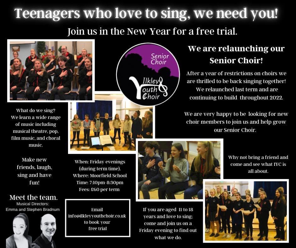 Calling all 11-18 year olds who love to sing!! Come and join us at Ilkley Youth Choir this New Year. Email us at info@ilkkeyyouthchoir.co.uk to come for a free trial. #ilkley #youthchoir <a href="/Ilkleygrammar/">Ilkleygrammar</a> <a href="/MoorfieldIlkley/">Moorfield School, Ilkley</a> <a href="/ilkley/">ILKLEY</a>  <a href="/IlkleyChat/">Ilkley Chat</a>  <a href="/IlkleyGazette/">Ilkley Gazette</a>