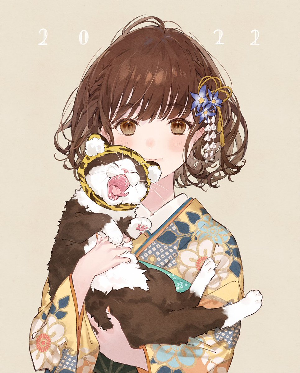 1girl japanese clothes kimono brown hair brown eyes hair ornament animal  illustration images