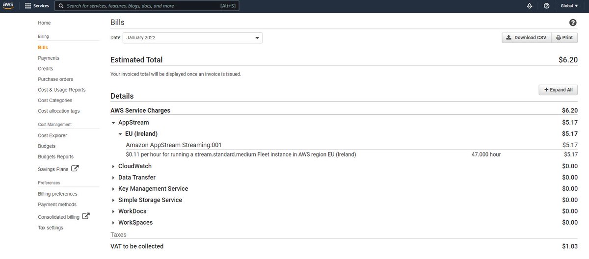 guyrleech's tweet photo. Seems a tad unfair @awscloud since I looked and couldn't find a way to stop #appstream after briefly testing it like you can with a VM 😠 So much for a "free" trial https://t.co/14ArOlSiYX