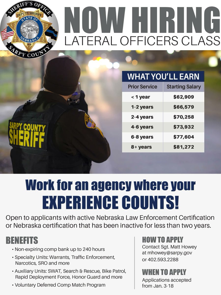 Join our team and work for an agency where your experience counts! The <a href="/SarpySheriff/">Sarpy County Sheriff's Office</a>'s Office is one of the largest Sheriff's Offices in Nebraska, and we serve the fastest growing county in the state. Lateral class open to those with NE cert. Apply: Sheriff.Sarpy.gov